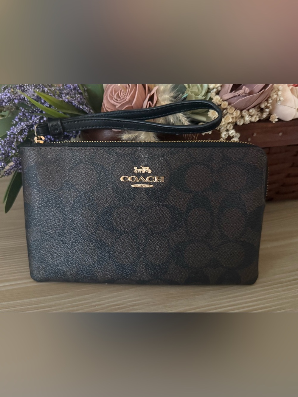COACH Brown Signature Zip Wristlet with Gold Logo